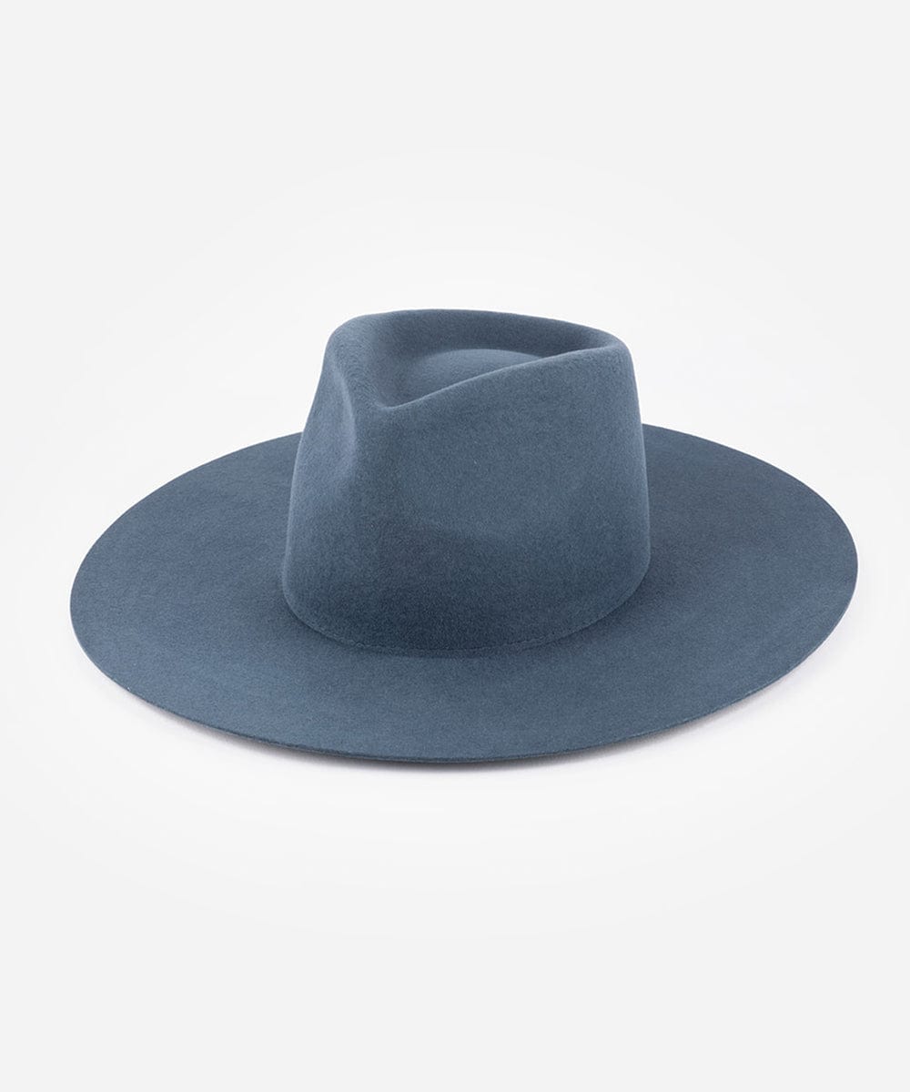 A vintage blue fedora hat made of Australian wool, displayed on a plain background. #color_vintage blue