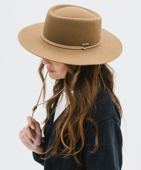 Gigi Pip felt hats for women - Wren Flat Brim Telescope - telescope crown with a stiff, flat brim and features an adjustable leather chinstrap [brown]