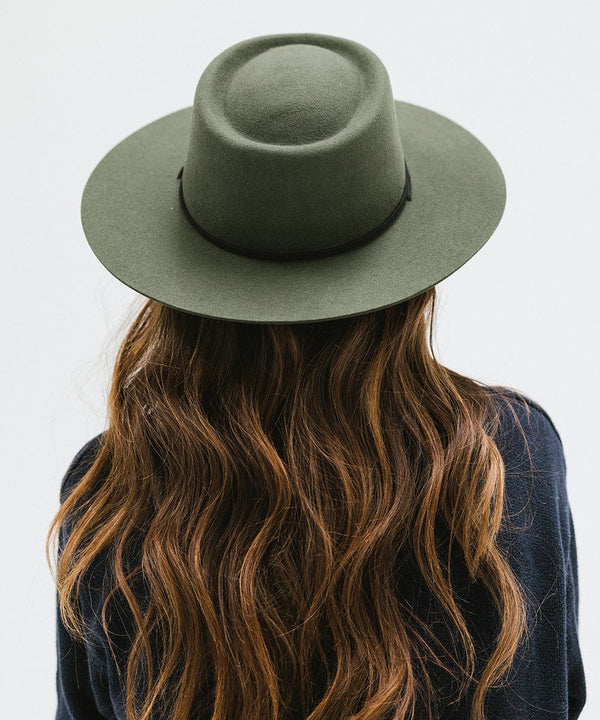 Gigi Pip felt hats for women - Wren Flat Brim Telescope - telescope crown with a stiff, flat brim and features an adjustable leather chinstrap [green]
