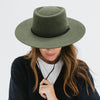 Gigi Pip felt hats for women - Wren Flat Brim Telescope - telescope crown with a stiff, flat brim and features an adjustable leather chinstrap [green]