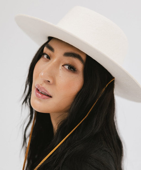 Gigi Pip felt hats for women - Wren Flat Brim Telescope - telescope crown with a stiff, flat brim and features an adjustable leather chinstrap [off white]
