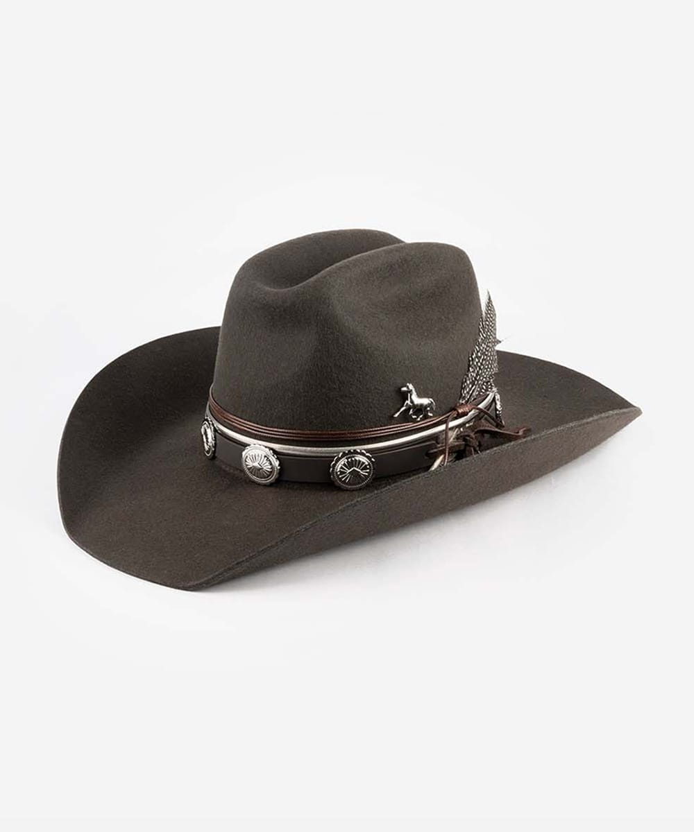 Brown cowboy hat with decorative band on a white background #color_dark brown
