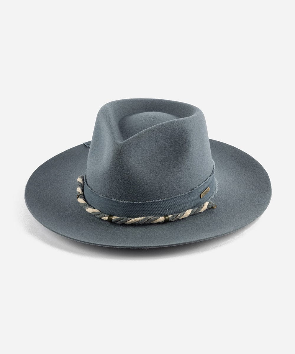 A denim colored wide brim hat with a teardrop crown and a braided chin strap on a plain background #color_denim