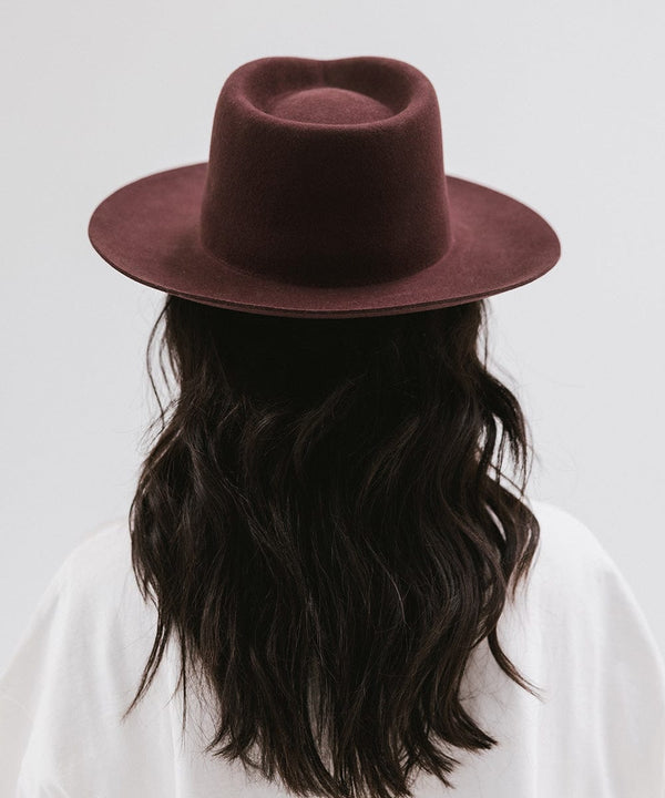Gigi Pip felt hats for women - Zephyr Rancher - fedora teardrop crown with a stiff upturned brim [dark cherry]