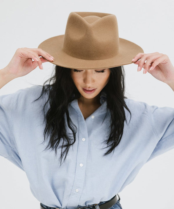 Gigi Pip felt hats for women - Zephyr Rancher - fedora teardrop crown with a stiff upturned brim [brown]
