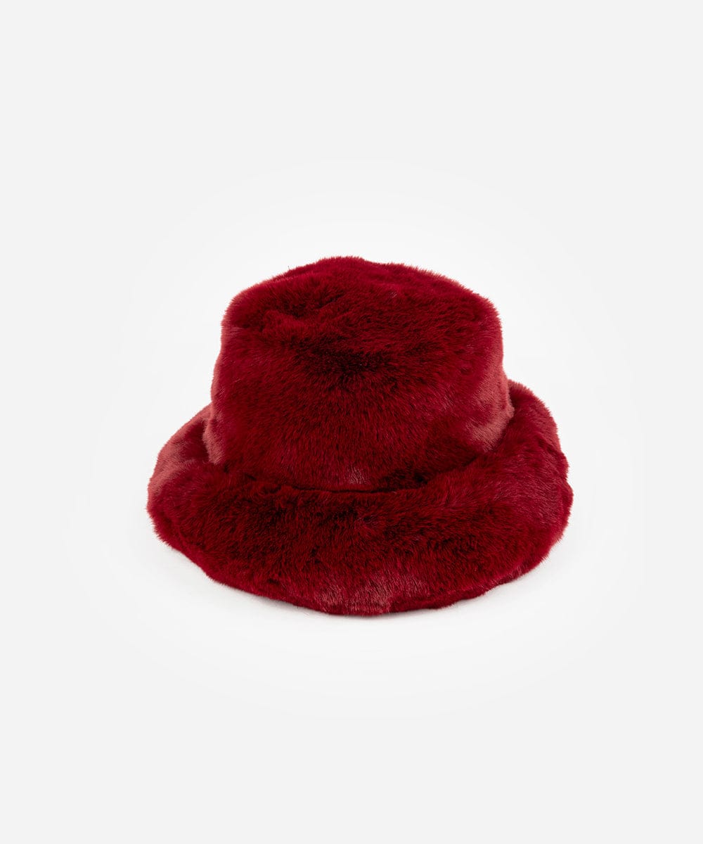 A burgundy faux fur bucket hat with an oversized fit, displayed against a white background. #color_burgundy