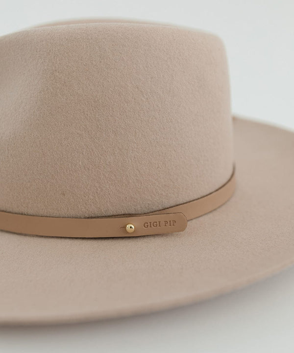 Gigi Pip hat bands + trims for womens hats - 100% genuine leather thin hat band featuring a metal pin enclosure + Gigi Pip embossed [tan]
