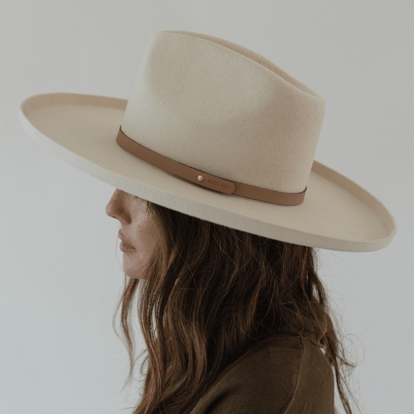 Gigi Pip hat bands + trims for womens hats - 100% genuine leather thin hat band featuring a metal pin enclosure + Gigi Pip embossed [tan]