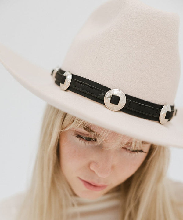 Gigi Pip hat bands + trims for women's hats - Genuine Leather Western Band - 100% genuine leather western style band with bright silver concho details and a silver plated metal pin closure [black]