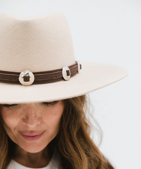 Gigi Pip hat bands + trims for women's hats - Genuine Leather Western Band - 100% genuine leather western style band with bright silver concho details and a silver plated metal pin closure [chocolate]