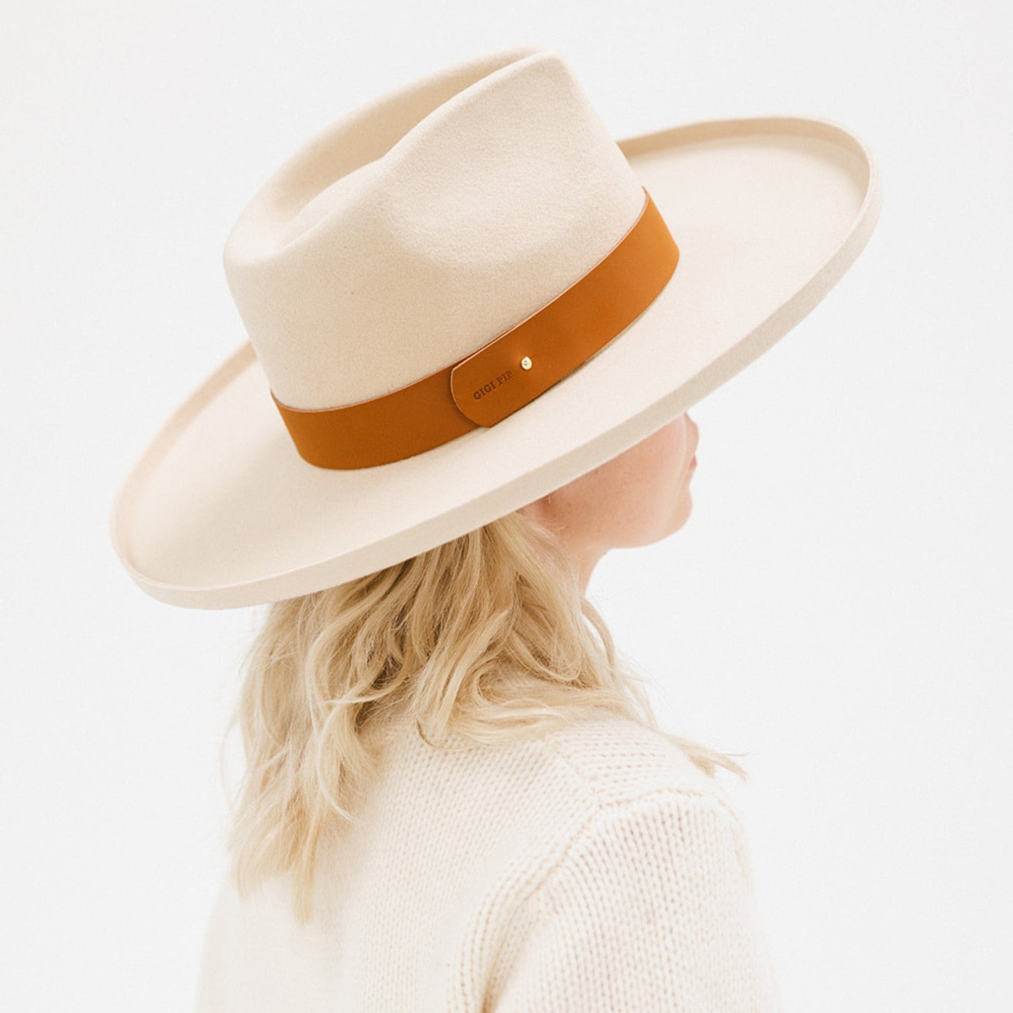 Gigi Pip hat bands + trims for women's hats - Wide Leather Band - 100% genuine leather hat band featuring a metal pin enclosure + Gigi Pip embossed on the edge [cognac]