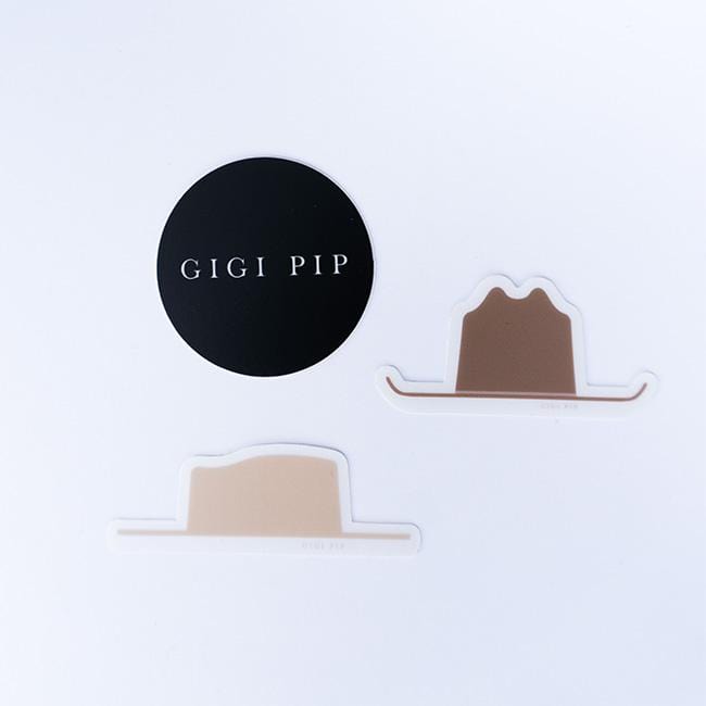 Gigi Pip hat care products - Gigi Pip Sticker Bundles - stickers sorted into bundles of 3 featuring hat shape stickers, Gigi Pip logo circle stickers + a Gigi Pip established in 2015 tag sticker [confidence bundle]