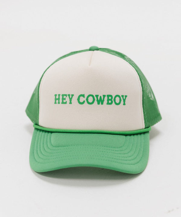 Gigi Pip trucker hats for women - Hey Cowboy Foam Trucker Hat - 100% polyester foam + mesh trucker hat with a curved brim featuring the words "hey cowboy" in a contrasting color as a design across the front panel [cream-vintage green]