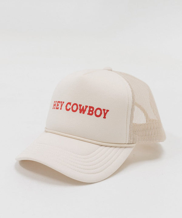 Gigi Pip trucker hats for women - Hey Cowboy Foam Trucker Hat - 100% polyester foam + mesh trucker hat with a curved brim featuring the words "hey cowboy" in a contrasting color as a design across the front panel [cream-vintage red]