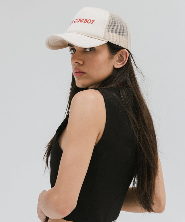 Gigi Pip trucker hats for women - Hey Cowboy Foam Trucker Hat - 100% polyester foam + mesh trucker hat with a curved brim featuring the words "hey cowboy" in a contrasting color as a design across the front panel [cream-vintage red]