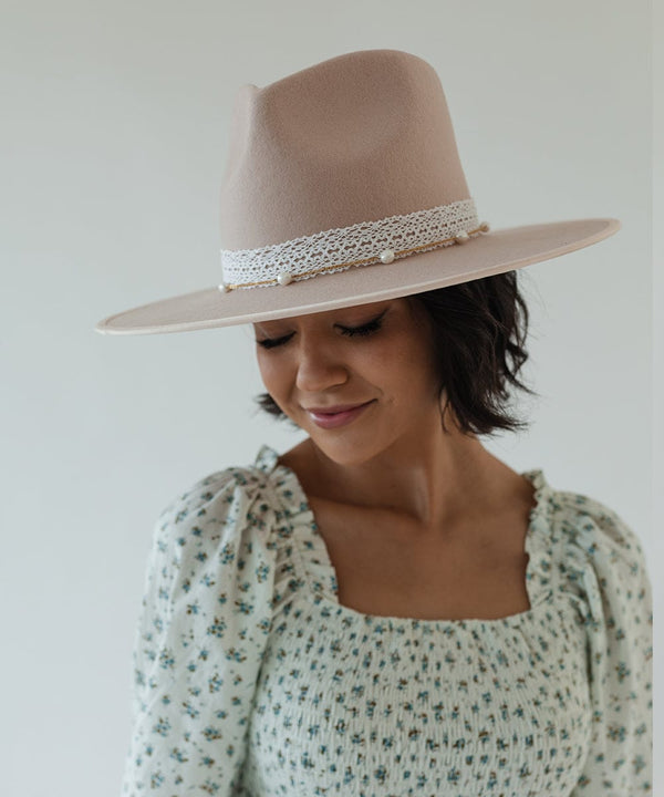 Gigi Pip felt hats for women - Ivy Wide Brim Fedora - 100% australian wool wide brim fedora with a tall crown featuring a customized sweatband + exclusive printed lining with a satin finish in collaboration with Ivy City Co, and a tonal satin brim [pale nude]