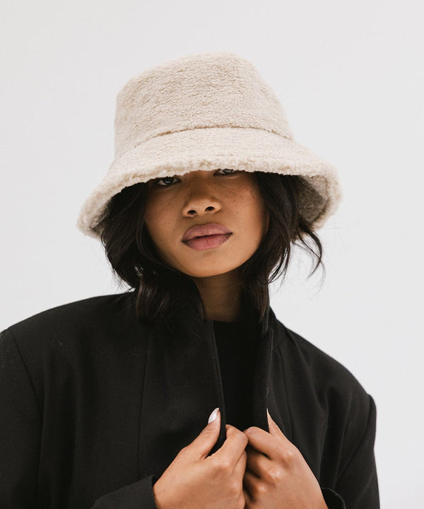 Gigi Pip bucket hats for women - Jackson Sherpa Bucket Hat - sherpa bucket hat featuring a raw edge leather band with our signature xx stitching closure and equipped with an adjustable inner band [cream]