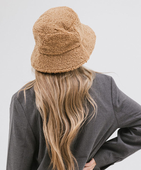 Gigi Pip bucket hats for women - Jackson Sherpa Bucket Hat - sherpa bucket hat featuring a raw edge leather band with our signature xx stitching closure and equipped with an adjustable inner band [camel]