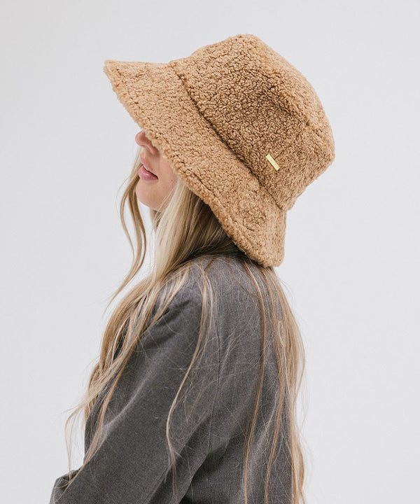 Gigi Pip bucket hats for women - Jackson Sherpa Bucket Hat - sherpa bucket hat featuring a raw edge leather band with our signature xx stitching closure and equipped with an adjustable inner band [camel]