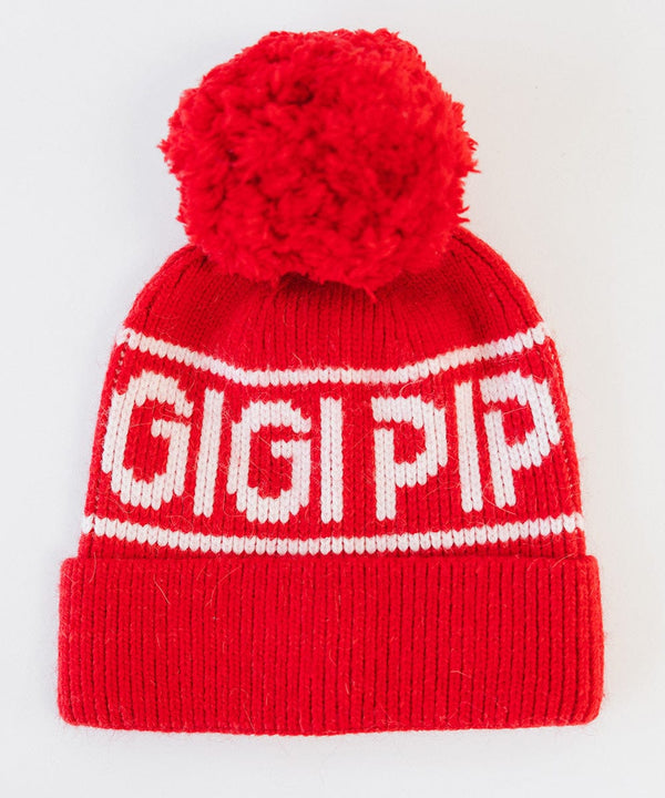 Gigi Pip beanies for women - Jane Retro Pom Beanie - retro inspired pom beanie featuring a limited edition Gigi Pip retro holiday logo [ruby red]