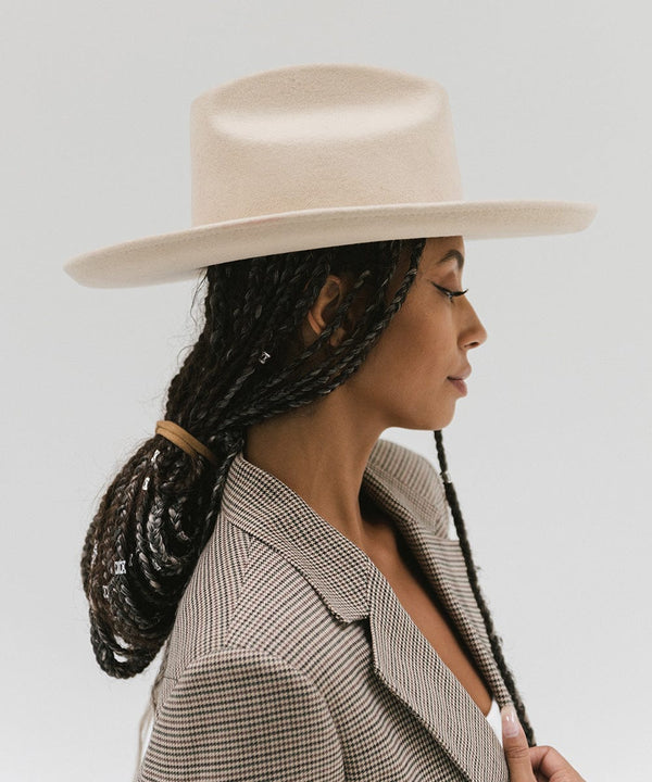 Gigi Pip felt hats for women - Jillian Pencil Brim - 100% australian wool fedora curved crown with a stiff, wide brim featuring a pencil rolled up edge + a GP branded pin on the back [off white]