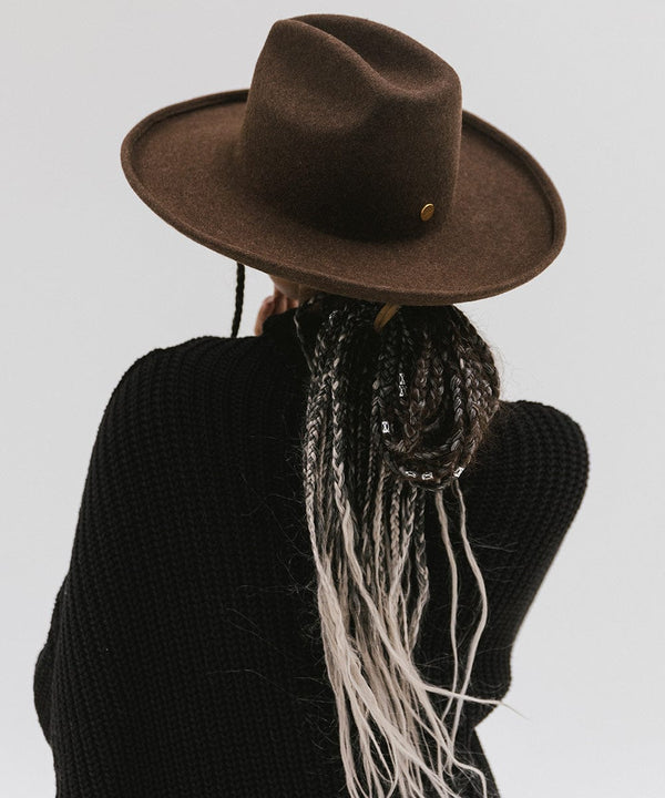 Gigi Pip felt hats for women - Jillian Pencil Brim - 100% australian wool fedora curved crown with a stiff, wide brim featuring a pencil rolled up edge + a GP branded pin on the back [mix brown]