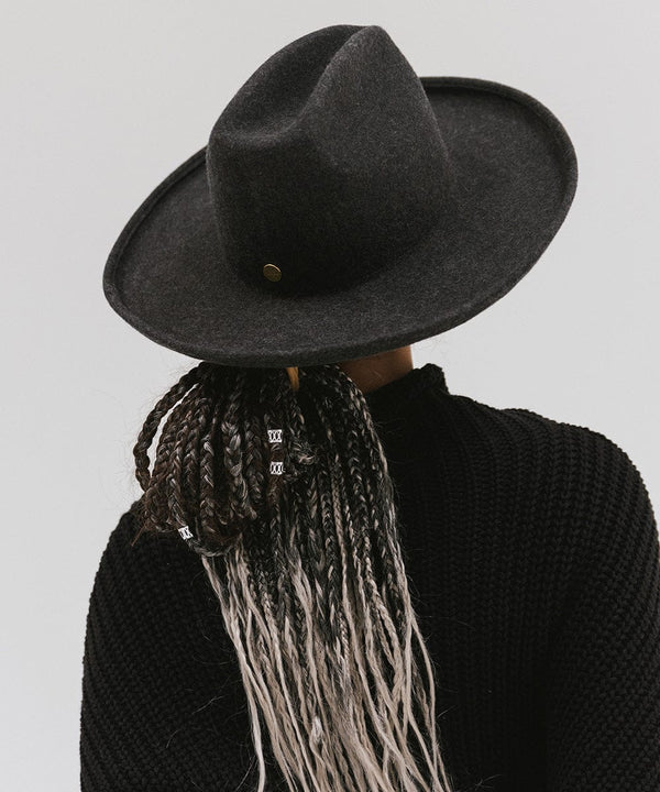 Gigi Pip felt hats for women - Jillian Pencil Brim - 100% australian wool fedora curved crown with a stiff, wide brim featuring a pencil rolled up edge + a GP branded pin on the back [mix charcoal]