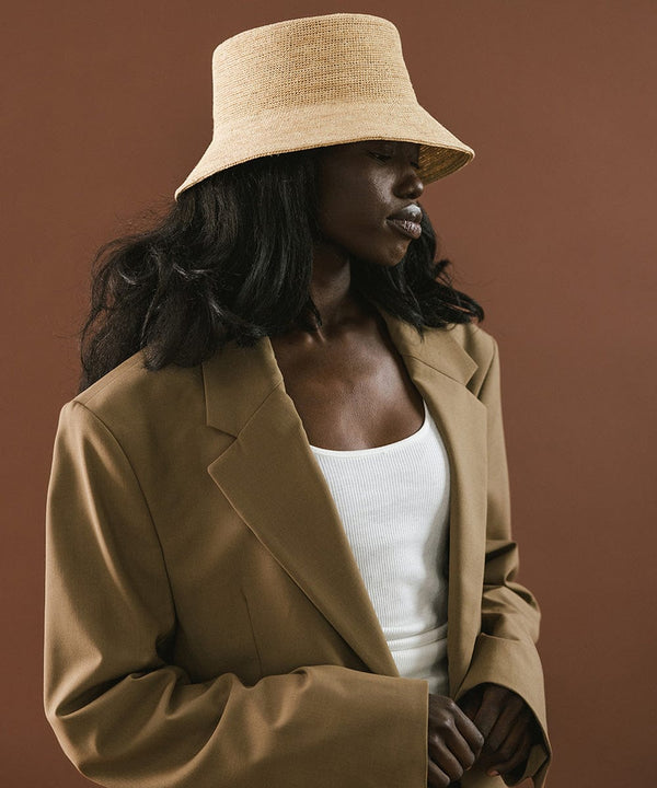 Gigi Pip bucket hats for women - Lana Straw Bucket Hat - 100% raffia straw packable friendly straw bucket hat with a gold gp pin on the back [natural]