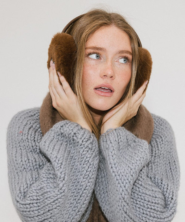 Gigi Pip winter hats for women - Leena Faux Fur Earmuffs - 100% faux fur + faux leather fluffy earmuffs with Gigi Pip embossed for winter [brown]