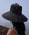 Gigi Pip limited edition hats for women - Limited Edition Hat 24 - bell shaped straw with a boater crown and a sloped brim, featuring silver metal rivets around the crown + the brim [black]