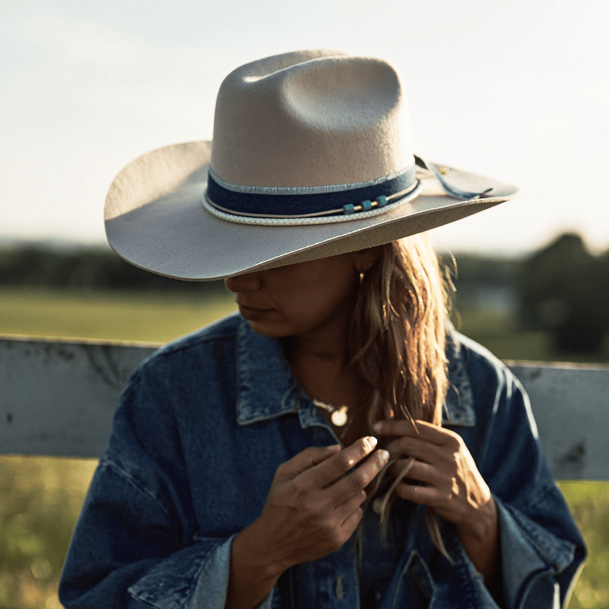 Gigi Pip limited edition hats for women - Limited Edition Hat 26 - 100% australian wool classic cattleman crown with a wide upturned brim, featuring a limited edition frayed fabric band, a white + gold bolo band + 3 turquoise beads on a coated wire string [cream]