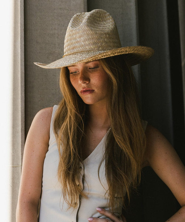 Gigi Pip limited edition hats for women - Limited Edition Hat 29 -  lightweight Mexican palmilla straw Western hat with a classic Gus crown + wide curve rolled brim at the base, featuring a gold plated metal Gigi Pip pin on the back of the crown + a gold chain trim strung with 3 western style charms [natural]