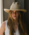 Gigi Pip limited edition hats for women - Limited Edition Hat 29 - lightweight Mexican palmilla straw Western hat with a classic Gus crown + wide curve rolled brim at the base, featuring a gold plated metal Gigi Pip pin on the back of the crown + a gold chain trim strung with 3 western style charms [natural]