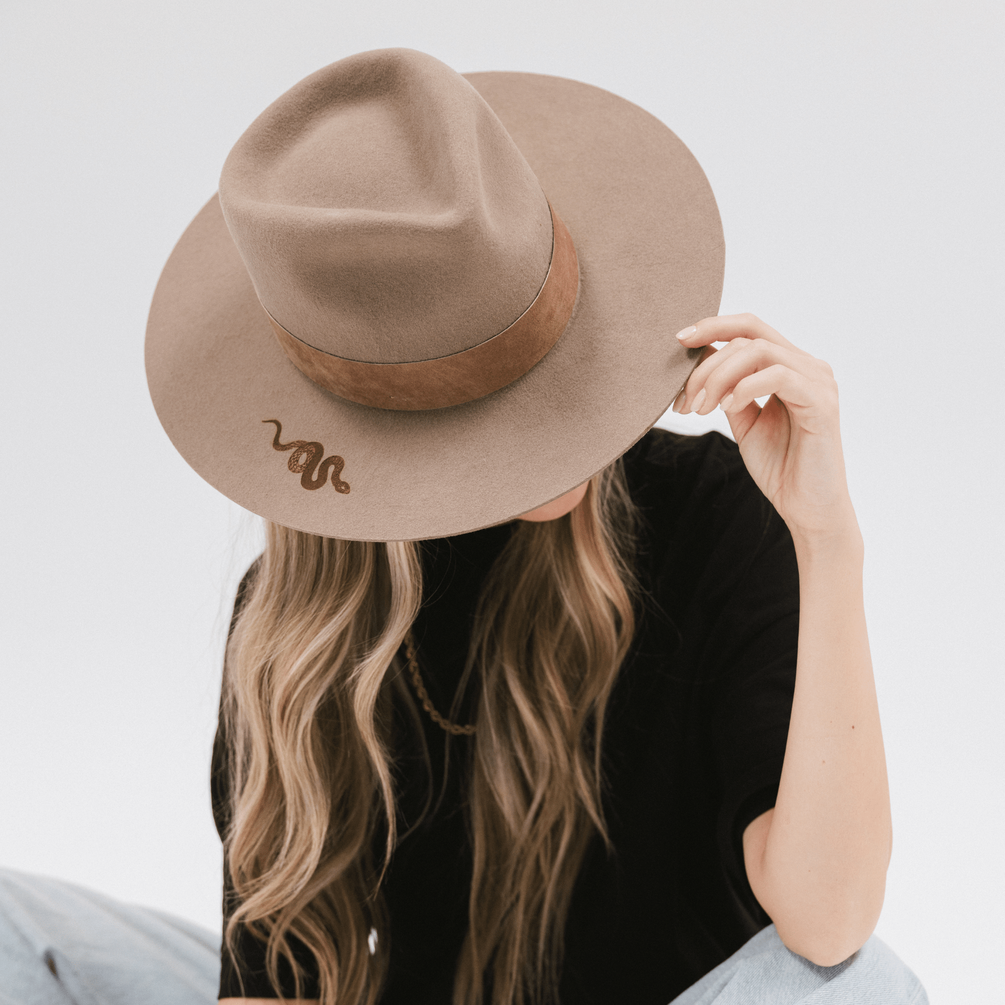 Gigi Pip felt limited edition hats for women - LE 31 - Miller teardrop fedora with tall front crown and a structured flat brim at the base with 2 hat color options + 3 hat burning detail options featuring a snake, moon + stars or a pair of butterflies [snake]