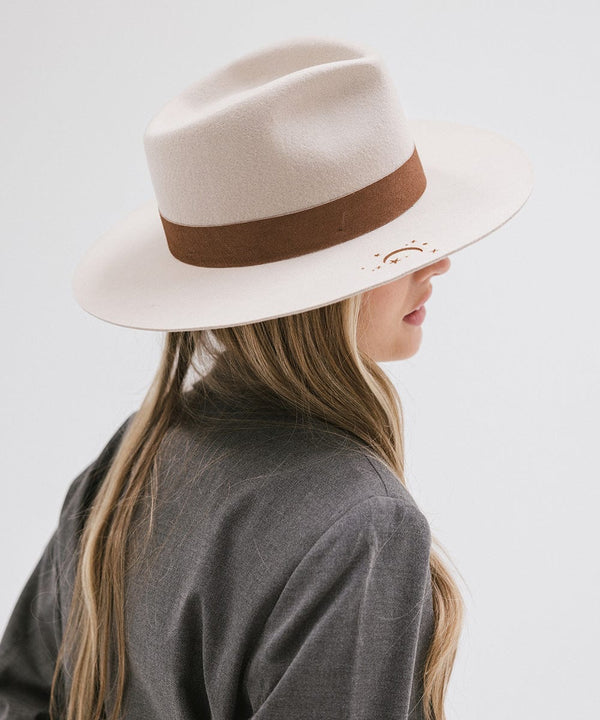 Gigi Pip felt limited edition hats for women - LE 31 - Miller teardrop fedora with tall front crown and a structured flat brim at the base with 2 hat color options + 3 hat burning detail options featuring a snake, moon + stars or a pair of butterflies [moon]
