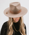 Gigi Pip felt limited edition hats for women - LE 31 - Miller teardrop fedora with tall front crown and a structured flat brim at the base with 2 hat color options + 3 hat burning detail options featuring a snake, moon + stars or a pair of butterflies [snake]
