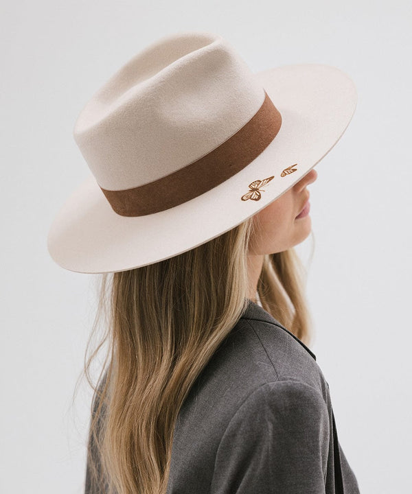 Gigi Pip felt limited edition hats for women - LE 31 - Miller teardrop fedora with tall front crown and a structured flat brim at the base with 2 hat color options + 3 hat burning detail options featuring a snake, moon + stars or a pair of butterflies [butterfly]