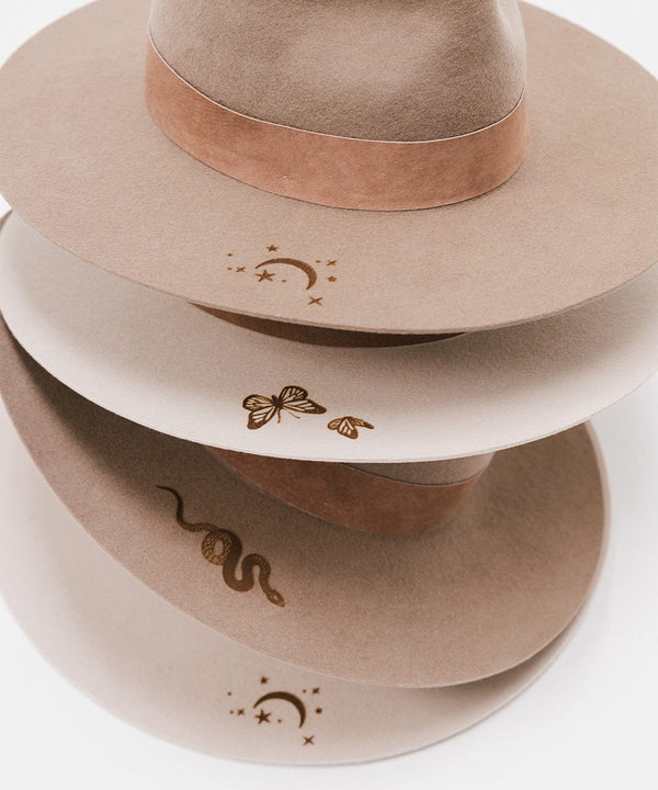 Gigi Pip felt limited edition hats for women - LE 31 - Miller teardrop fedora with tall front crown and a structured flat brim at the base with 2 hat color options + 3 hat burning detail options featuring a snake, moon + stars or a pair of butterflies [butterfly]