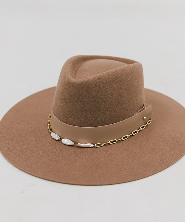 Gigi Pip limited edition hats for women - Dakota Triangle Crown Brown - stiff, flat wide brim + a triangle crown featuring a wide genuine leather hat band + a gold pearl chain hat band [brown]