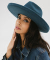 Gigi Pip limited edition hats for women - Maude Pencil Brim in Vintage Blue - curved crown with a stiff, wide brim with pencil rolled up edge + a limited edition trim featuring a wide leather band in a limited edition vintage blue [vintage blue]