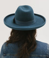Gigi Pip limited edition hats for women - Maude Pencil Brim in Vintage Blue - curved crown with a stiff, wide brim with pencil rolled up edge + a limited edition trim featuring a wide leather band in a limited edition vintage blue [vintage blue]