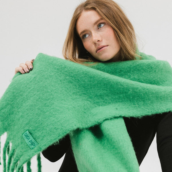 Gigi Pip winter accessories for women - Mik Oversized Scarf - 100% acrylic oversized blanket scarf featuring a retro limited edition holiday logo [evergreen]