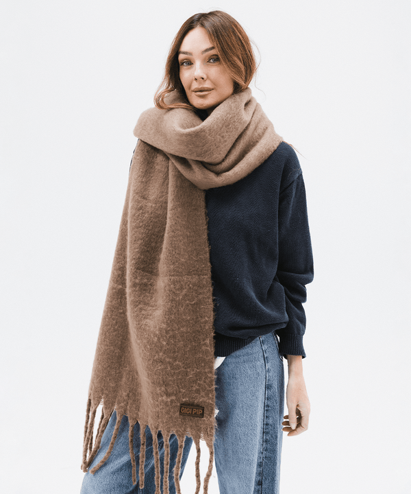 Gigi Pip winter accessories for women - Mik Oversized Scarf - 100% acrylic oversized blanket scarf featuring a retro limited edition holiday logo [brown]
