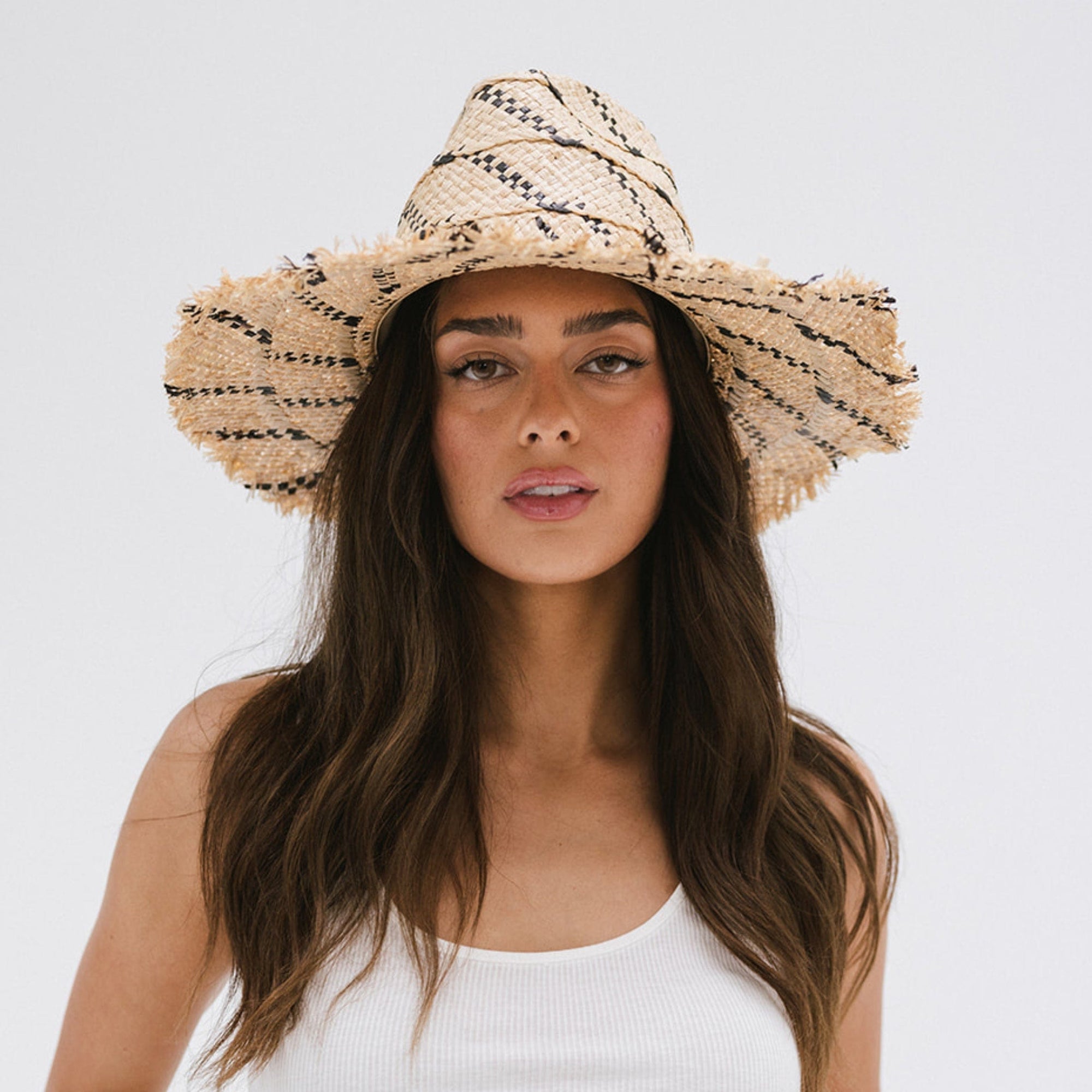 Gigi Pip straw hats for women - Gemma Wide Brim Straw - handwoven palm straw fedora with a fringed edge for a bohemian vibe, lightweight weave with slight flexibility [natural-black]