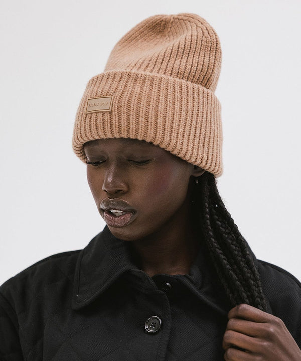 Gigi Pip beanies for women - Gigi Merino Wool Beanie - 100% merino wool double fold beanie featuring a Gigi Pip branded silicone patch on the front fold [brown]