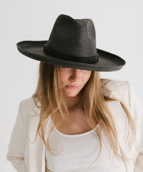 Gigi Pip straw hats for women - Penny Pencil Brim Straw - 100% Paper straw fedora sun hat with a pencil roll brim [black]