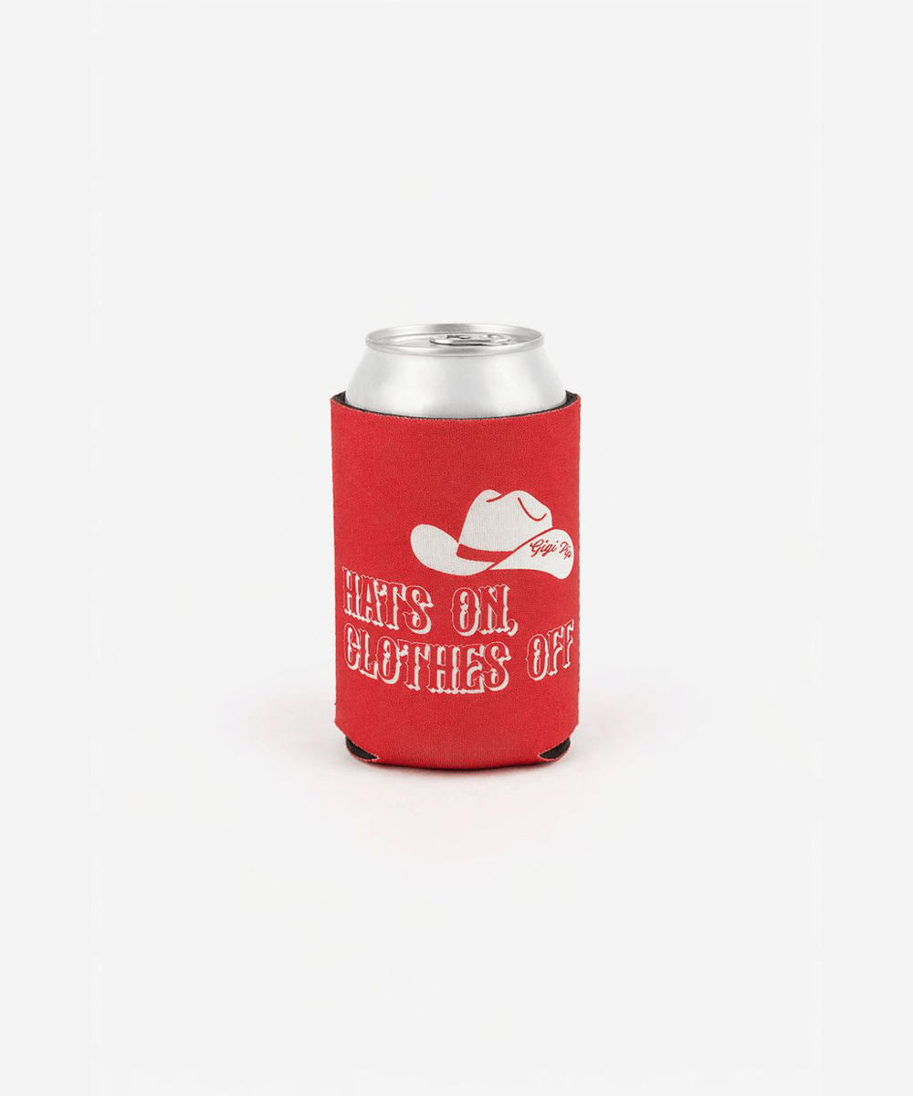 Red can sleeve on a can with a cowboy hat graphic and the text 'HATS ON, CLOTHES OFF' on a white background #color_red