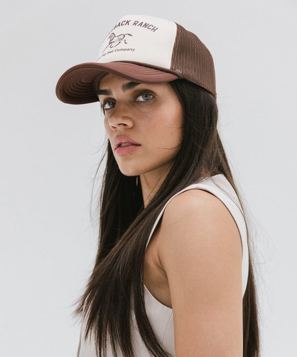 Gigi Pip trucker hats for women - Saddleback Foam Trucker Hat - 100% polyester foam + mesh trucker hat with a curved brim featuring the words "Saddleback Ranch" in a contrasting color as a design across the front panel [cream-chocolate brown]
