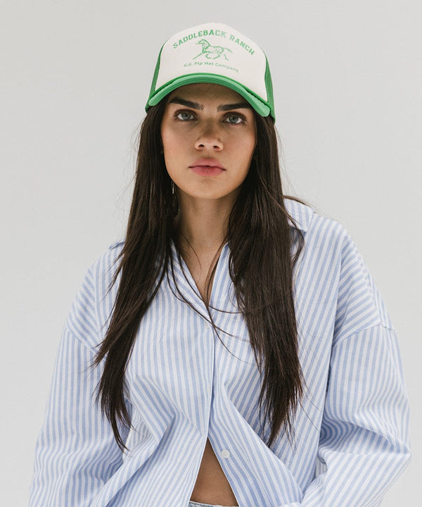 Gigi Pip trucker hats for women - Saddleback Foam Trucker Hat - 100% polyester foam + mesh trucker hat with a curved brim featuring the words "Saddleback Ranch" in a contrasting color as a design across the front panel [cream-vintage green]