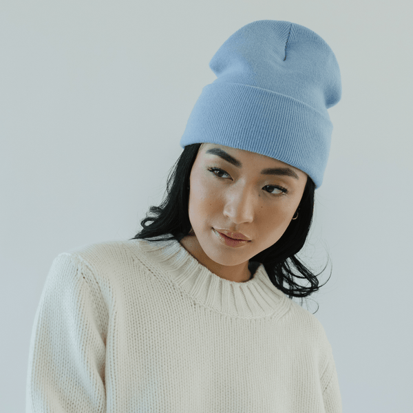 Gigi Pip beanies for women - Shay Beanie - 100% acrylic classic beanie featuring a stylized Gigi Pip loop tag on the fold that says “For the Woman Who Wears Many Hats” [azure blue]